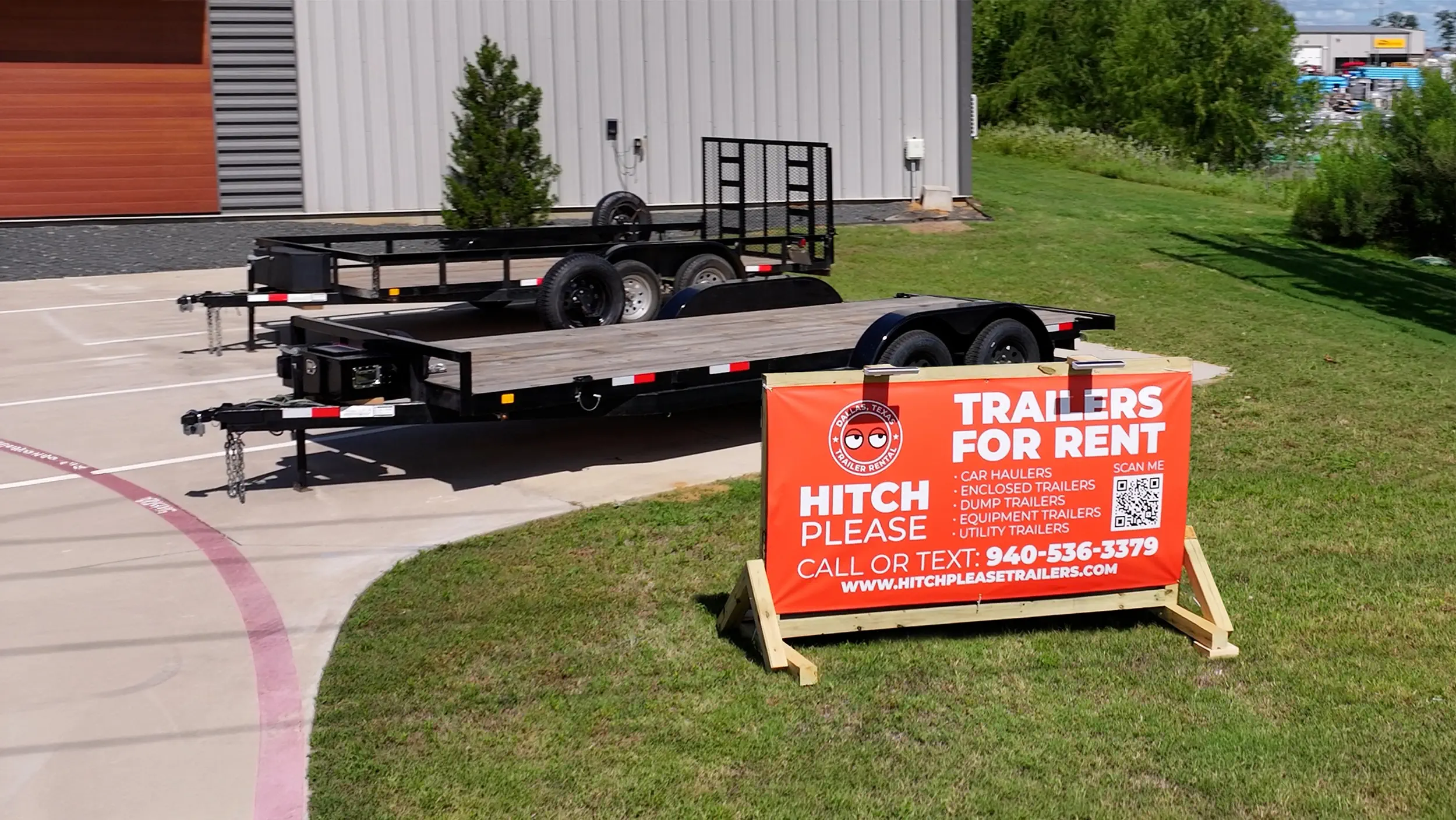 Fully-loaded trailers lined up and ready to haul at Hitch Please Trailer Rental in Krugerville, North Texas